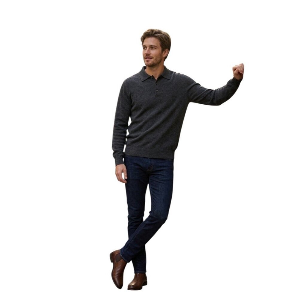 Joseph & Lyman 100% Cashmere Polo Sweater Gray Charcoal Mens Small 3-Button